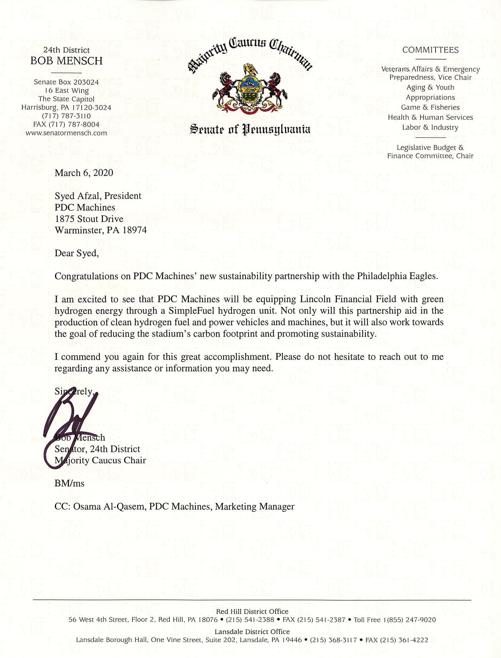PDC Machines Senator Mensch congratulations letter