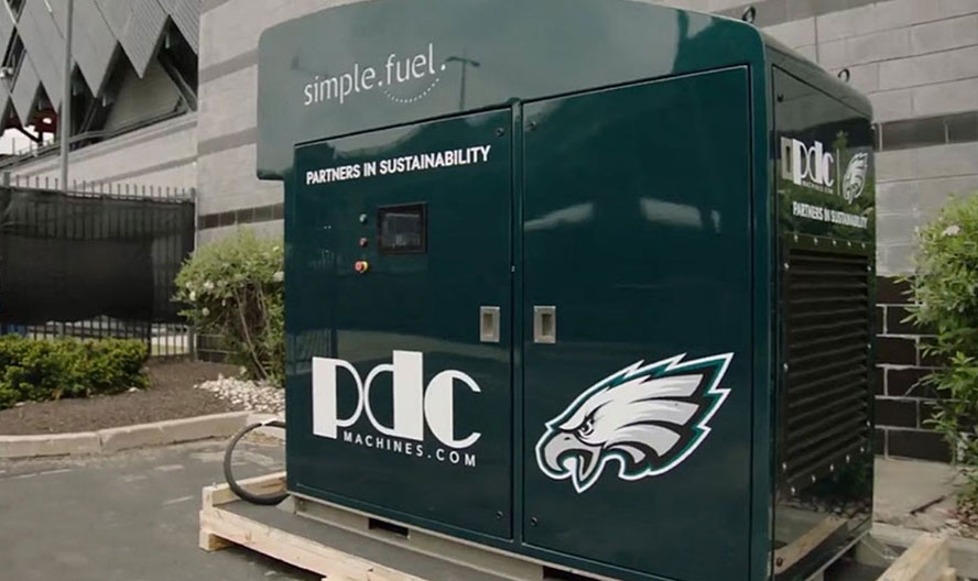 PDC provided a SimpleFuel™ unit to our hometown Philadelphia Eagles in support of their “Go Green” initiative. The unit is located at Lincoln Financial Field where it will help provide 100% renewable energy for event operations, fueling FCEVs and material handling vehicles.